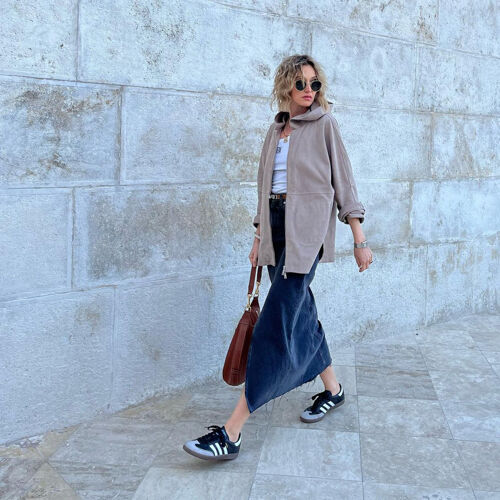 Suede jacket with hood and slit sleeves